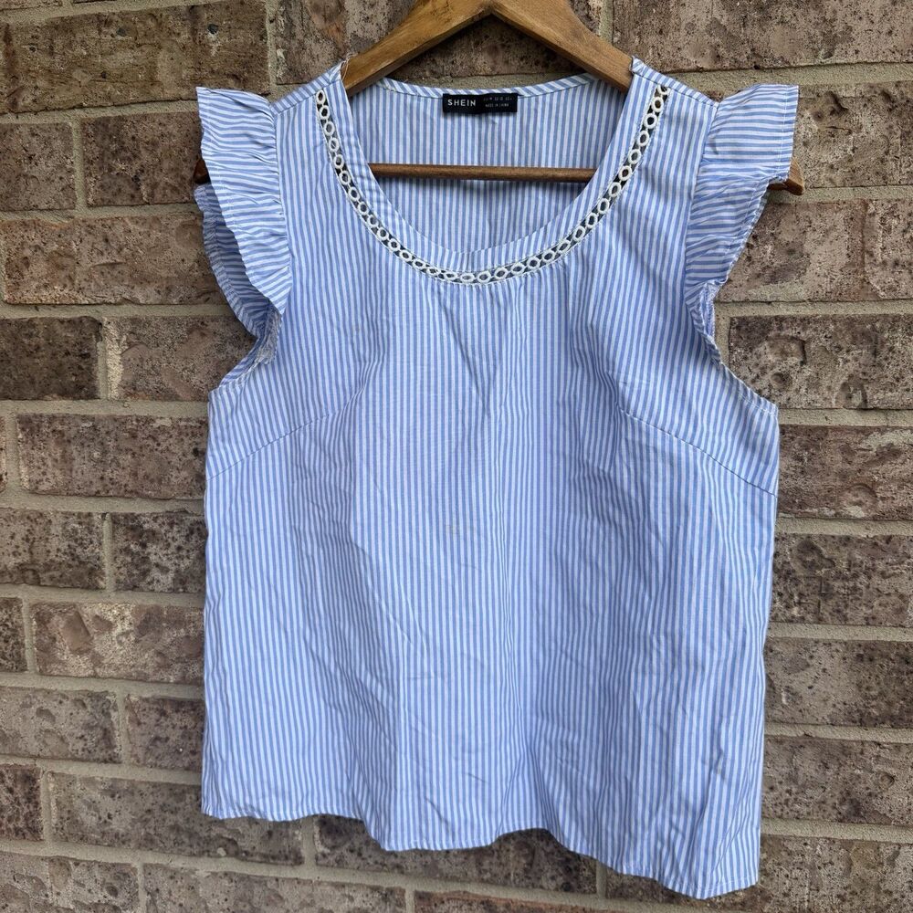 Shein Blue White Striped Blouse Womens Size M US 6 Ruffle Cap Sleeve Eyelet Top